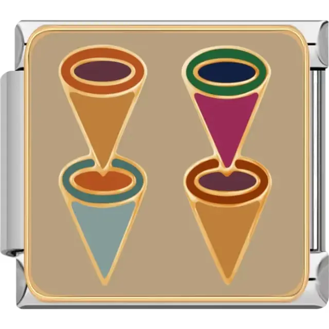 Multicolor abstract cone design in orange, teal, pink, green, and purple with gold outlines on a beige background Italian charm bracelet link