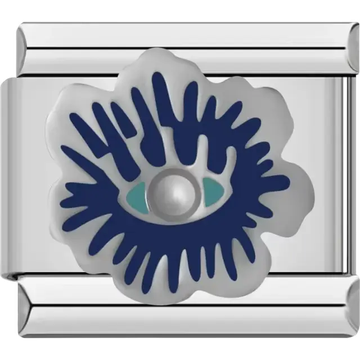 Abstract evil eye design with navy blue, teal, and silver elements Italian charm bracelet link