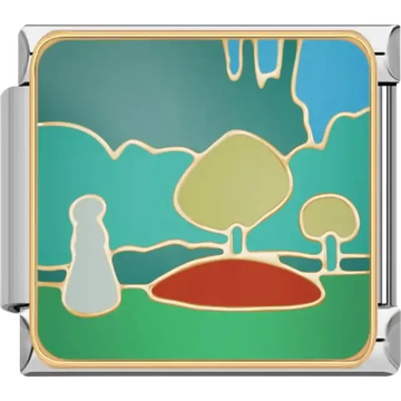 Abstract landscape with green hills red ground blue sky and tree shapes Italian charm bracelet link