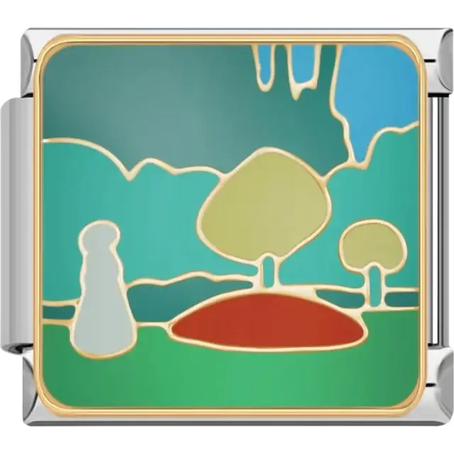 Abstract landscape with green hills red ground blue sky and tree shapes Italian charm bracelet link