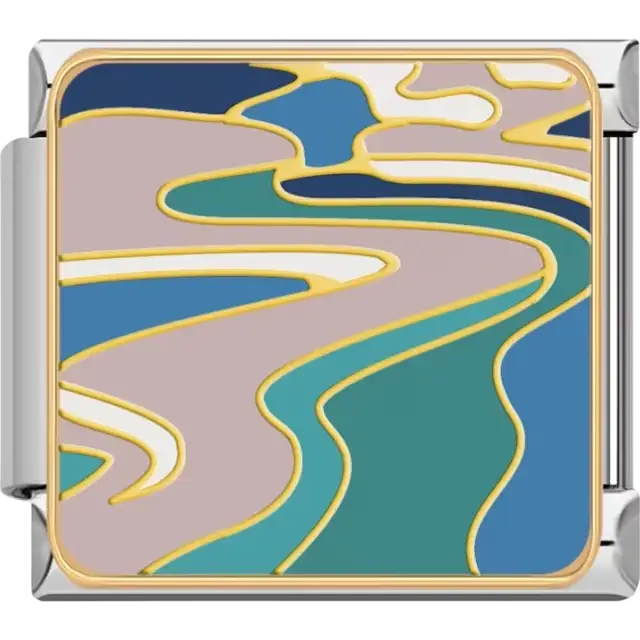 Blue green and beige abstract river pattern with gold accents Italian charm bracelet link