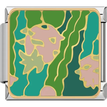 Green and teal wavy seaweed with pink coral shapes and gold outlines Italian charm bracelet link