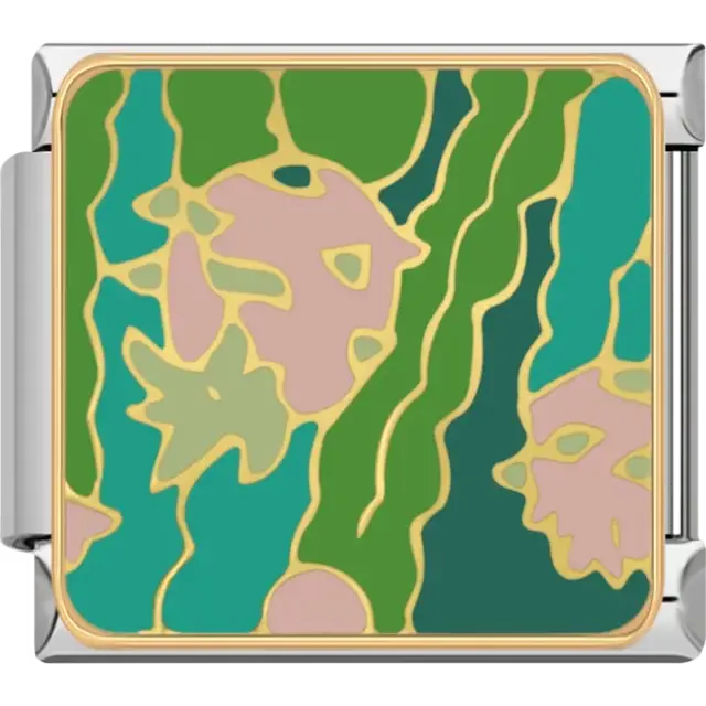 Green and teal wavy seaweed with pink coral shapes and gold outlines Italian charm bracelet link