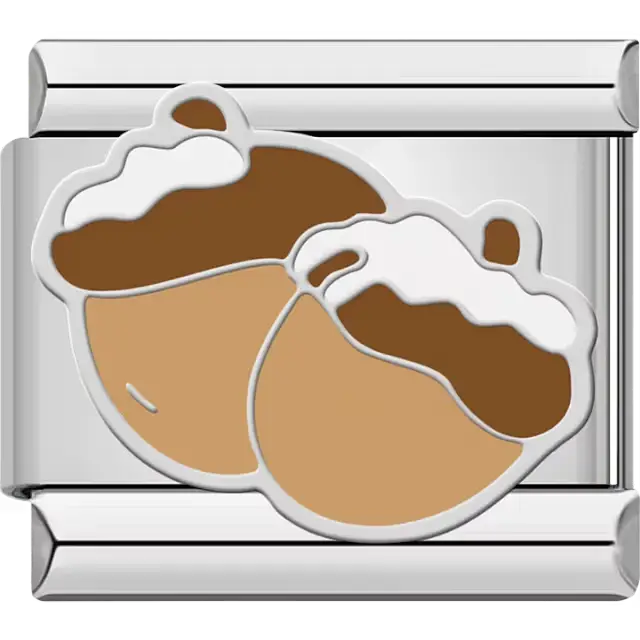 Two brown acorns with white snow Italian charm bracelet link