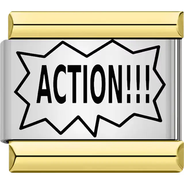 Black text "ACTION!!!" speech bubble gold trim Italian charm bracelet link