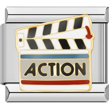 Gold and black clapperboard with action text and red white and blue accents Italian charm bracelet link