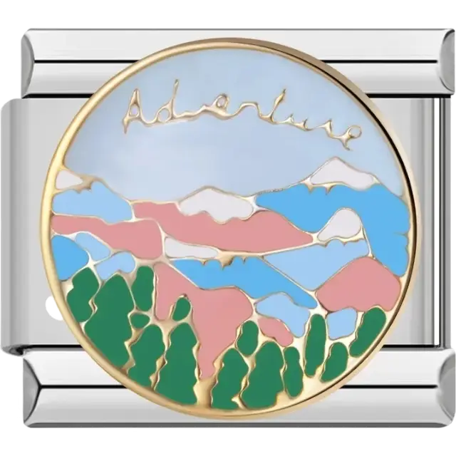 Mountain landscape with “Adventure” text Italian charm bracelet link