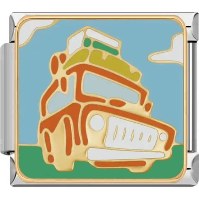 Gold orange and green jeep with luggage on a green and light blue background Italian charm bracelet link