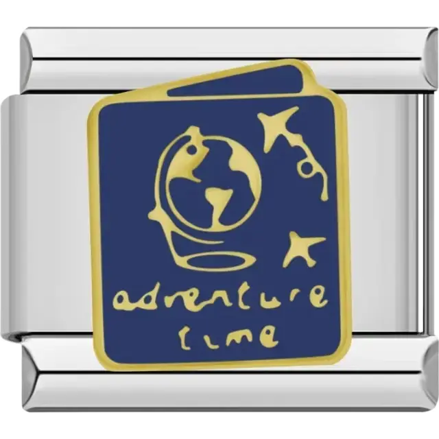 Blue and gold design featuring a globe, stars, and "adventure time" text Italian charm bracelet link