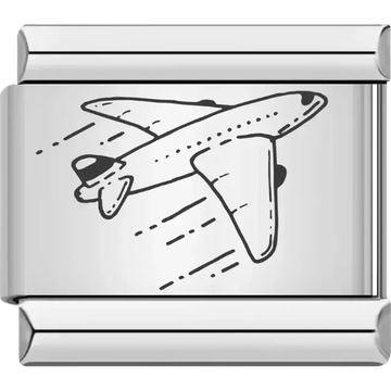 Black outline of a flying airplane with motion lines Italian charm bracelet link