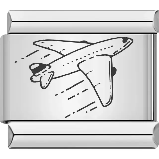 Black outline of a flying airplane with motion lines Italian charm bracelet link