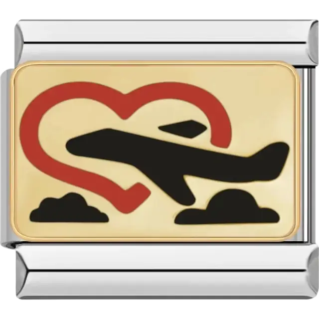 Black airplane design with a red heart outline and clouds Italian charm bracelet link