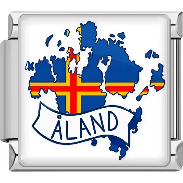Blue and yellow map of Åland with red cross white banner Åland text Åland map flag Italian charm bracelet link