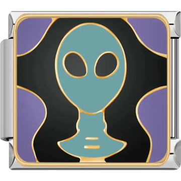 Teal alien head with large black eyes on a black background with gold and purple accents Italian charm bracelet link