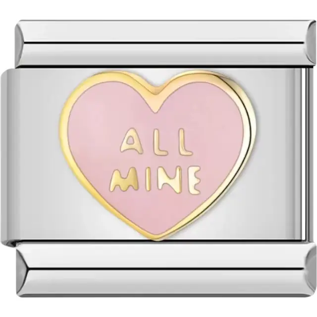 Pink heart with "ALL MINE" text in gold lettering Italian charm bracelet link