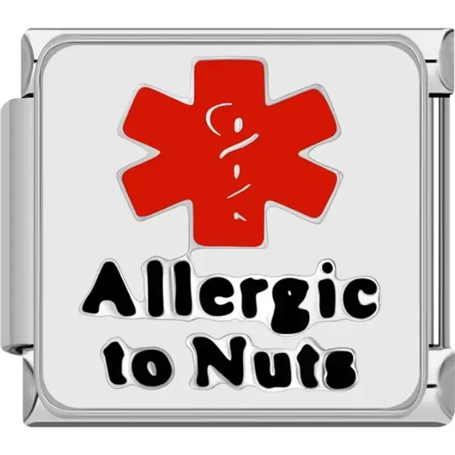 "Allergic to Nuts" text in black with a red medical alert symbol on a white background Italian charm bracelet link