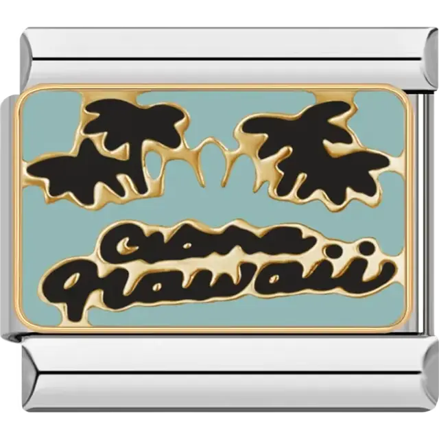 Black palm trees with gold outlines and text reading "Aloha Hawaii" on a light blue background Italian charm bracelet link