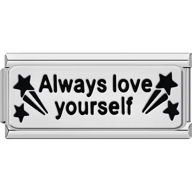 Black "Always love yourself" text stars shooting star Italian charm bracelet link