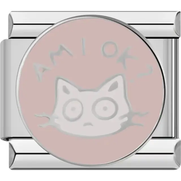 Round charm with "Am I OK?" text and a quirky cat illustration on a blush background Italian charm bracelet link