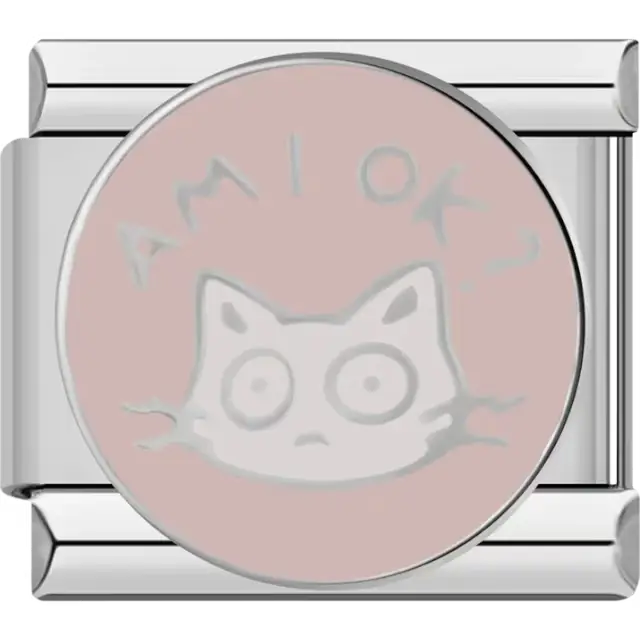 Round charm with "Am I OK?" text and a quirky cat illustration on a blush background Italian charm bracelet link