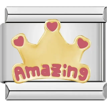 Gold crown with pink hearts and "AMAZING" text Italian charm bracelet link