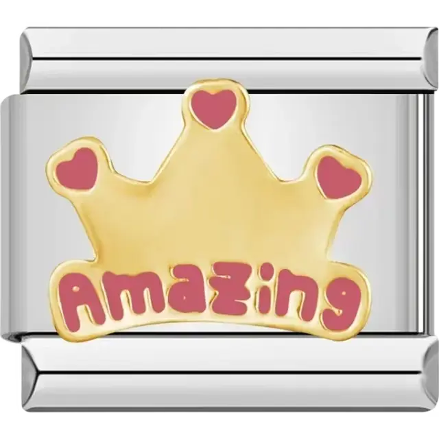 Gold crown with pink hearts and "AMAZING" text Italian charm bracelet link