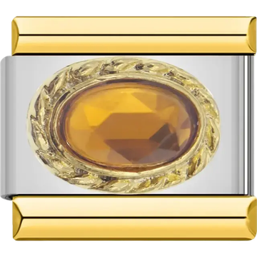 Amber oval faceted stone with gold braided border Italian charm bracelet link