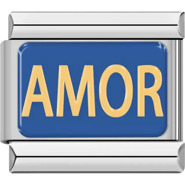 Blue "Amor" script Italian charm bracelet link