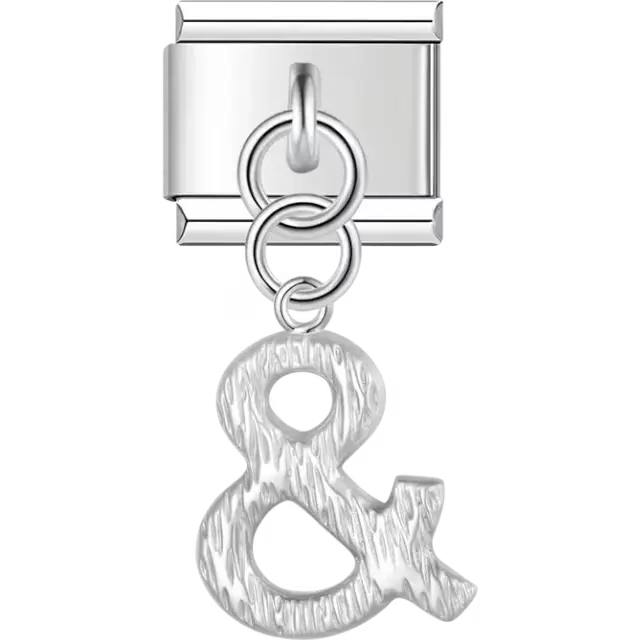 Ampersand symbol on a textured dangle Italian charm bracelet link