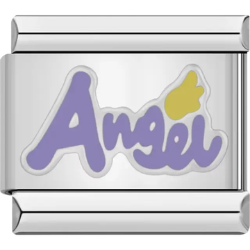 Purple "Angel" text with a yellow wing detail Italian charm bracelet link