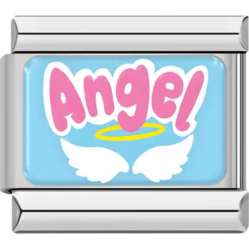 "Angel" with halo and wings on blue Italian charm bracelet link