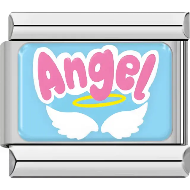 "Angel" with halo and wings on blue Italian charm bracelet link