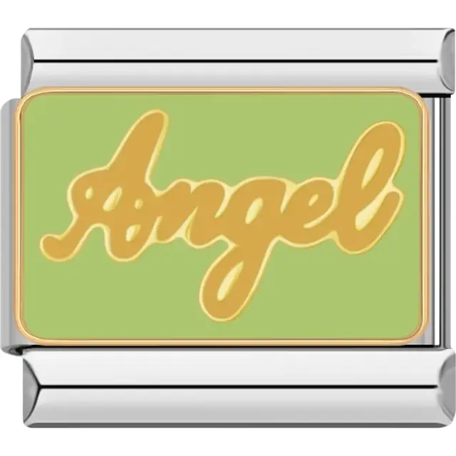 Yellow "Angel" text on a light green background with gold outlines Italian charm bracelet link