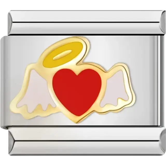 Red heart design with angel wings and a gold halo Italian charm bracelet link