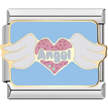 Pink heart with “Angel” text and white wings Italian charm bracelet link