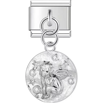 Angel with crystals and stars on textured circle dangle Italian charm bracelet link