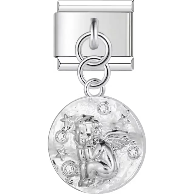 Angel with crystals and stars on textured circle dangle Italian charm bracelet link