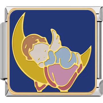 Yellow star on a turntable with pink and blue accents surrounded by music notes on dark blue background Italian charm bracelet link