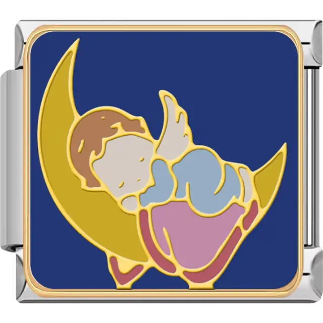 Yellow star on a turntable with pink and blue accents surrounded by music notes on dark blue background Italian charm bracelet link