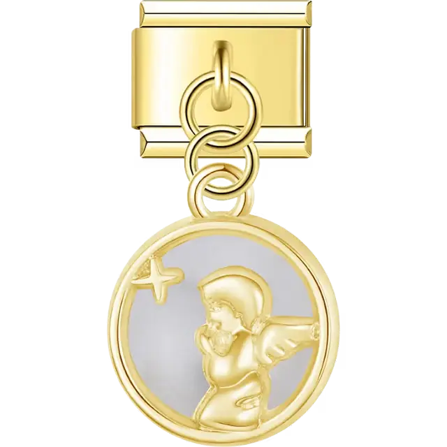 Angel with a star accent over white enamel background dangle Italian charm bracelet link