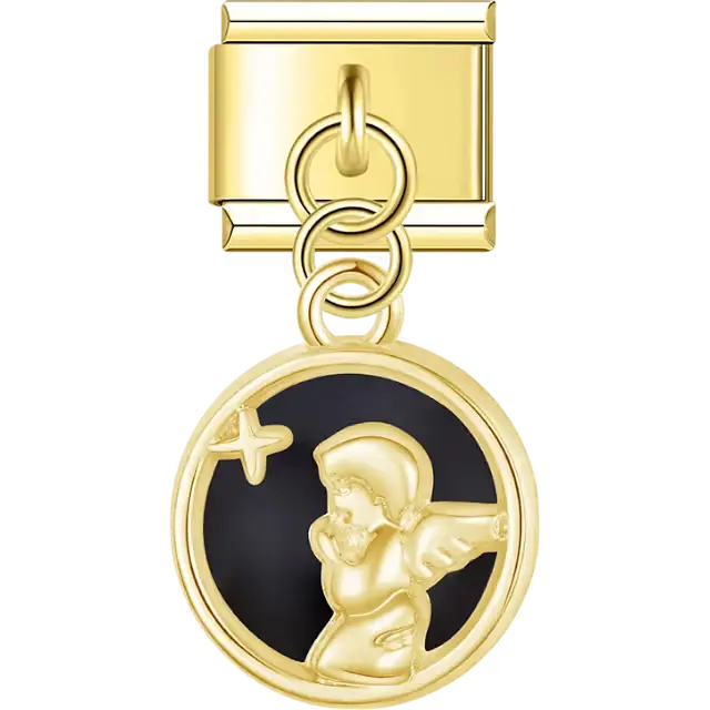 Angel with a star accent over black enamel background dangle Italian charm bracelet link