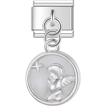 Angel with a star accent over white enamel background dangle Italian charm bracelet link