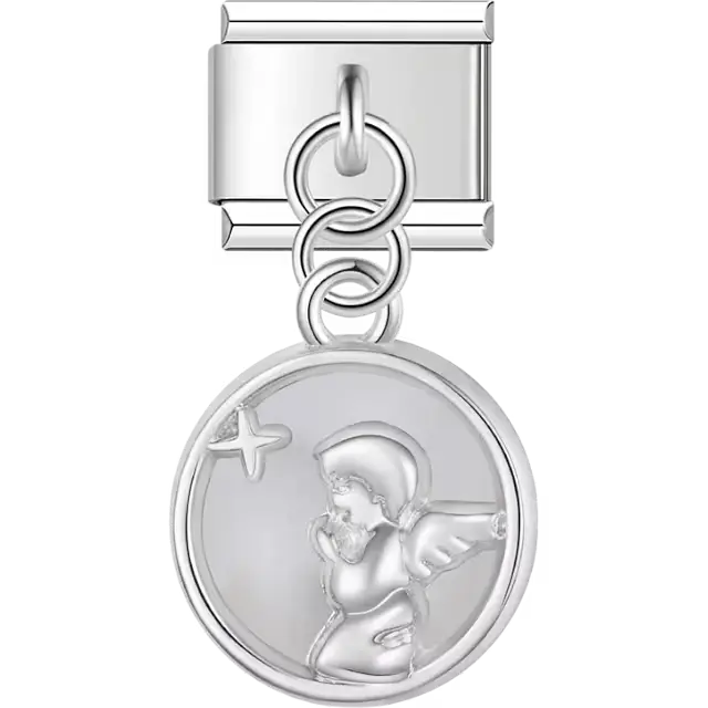 Angel with a star accent over white enamel background dangle Italian charm bracelet link