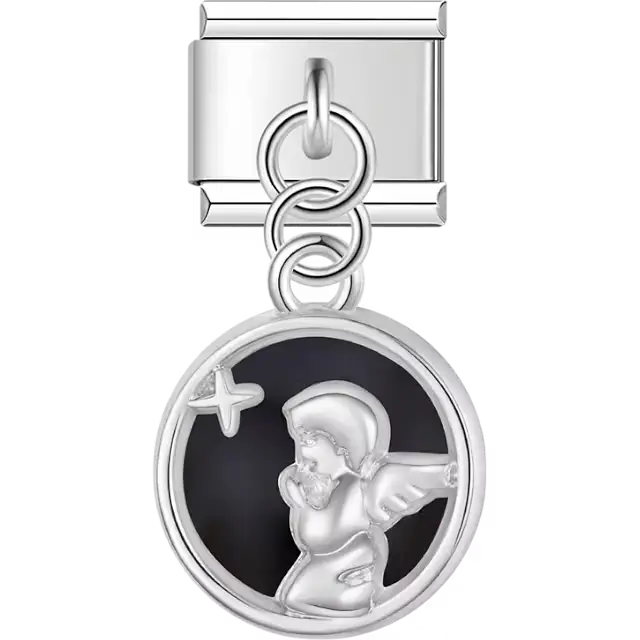 Angel with a star accent over black enamel background dangle Italian charm bracelet link