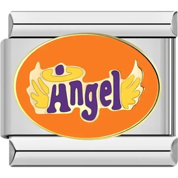Orange oval charm with purple "Angel" text, yellow wings, and a halo design Italian charm bracelet link