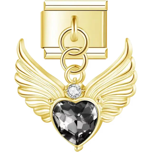 Silver angel wings heart black crystal pendant dangle Italian charm bracelet link