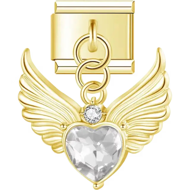 Gold tone winged heart with clear crystal accents dangle Italian charm bracelet link