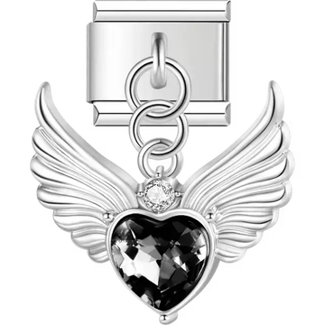 Silver angel wings heart black crystal pendant dangle Italian charm bracelet link