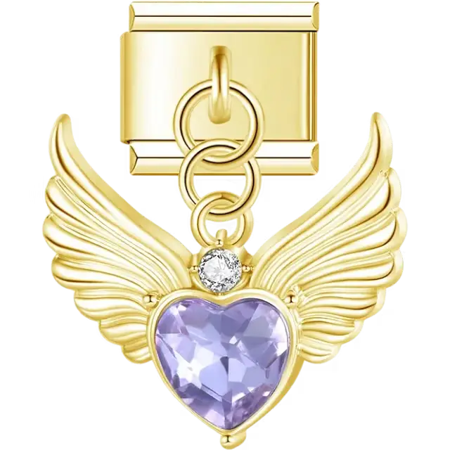Gold tone winged heart with purple crystal accent dangle Italian charm bracelet link