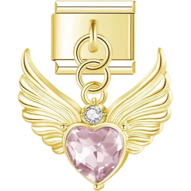 Gold tone winged heart with pink crystal accent dangle Italian charm bracelet link